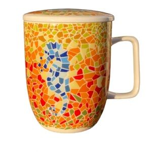 Tea Shop Fine Bone China Mosaic Seahorse Mug With Lid in EUC